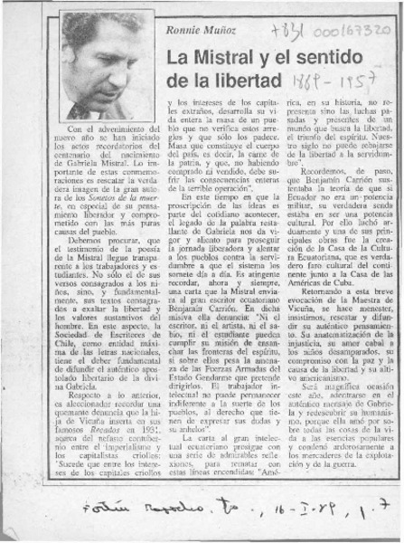 La Mistral y el sentido de la libertad  [artículo] Ronnie Muñoz.