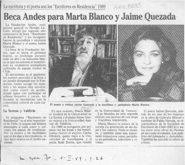Beca Andes para Marta Blanco y Jaime Quezada  [artículo].