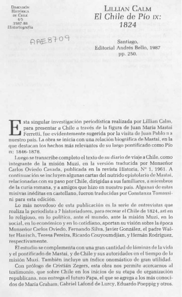 Lillian Calm, "El Chile de Pío IX, 1824"  [artículo] Jorge Ivulic Gómez.