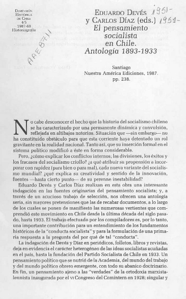 Eduardo Devés y Carlos Díaz (eds.), "El pensamiento socialista en Chile, antología 1893-1933"
