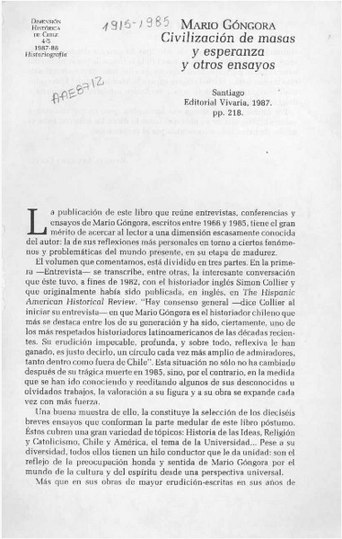 Mario Góngora, "Civilización de masas y esperanza y otros ensayos"