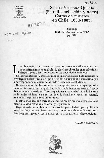 Sergio Vergara Quiroz (Estudio, selección y notas), "Cartas de mujeres en Chile. 1630-1885"