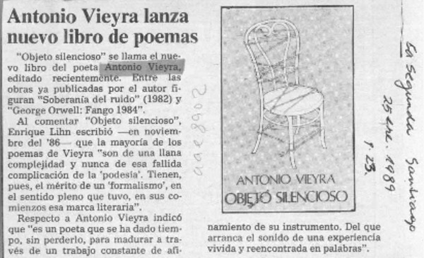 Antonio Vieyra lanza nuevo libro de poemas  [artículo].