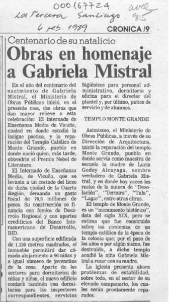 Obras en homenaje a Gabriela Mistral  [artículo].
