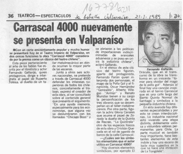 Carrascal 4000 nuevamente se presenta en Valparaíso  [artículo].