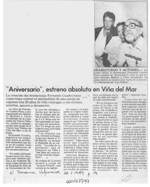 "Aniversario", estreno absoluto en Viña del Mar  [artículo].
