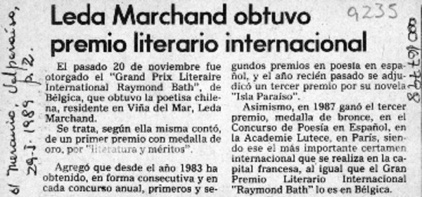 Leda Marchand obtuvo premio literario internacional  [artículo].