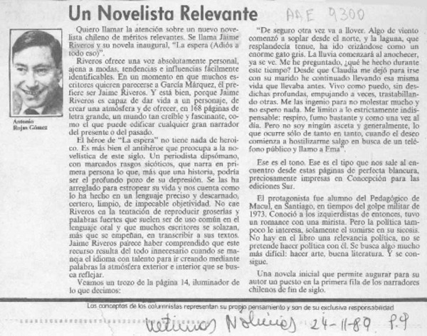 Un novelista relevante  [artículo] Antonio Rojas Gómez.