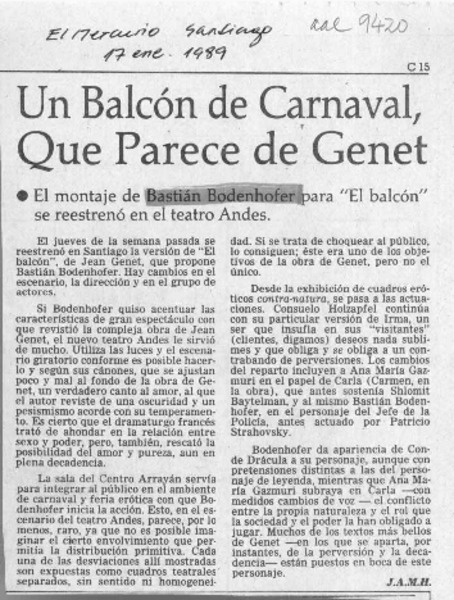 Un balcón de carnaval que parece de Genet  [artículo] J. A. M. H.