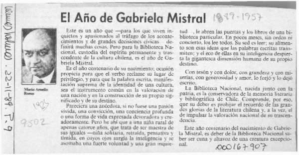 El año de Gabriela Mistral  [artículo] Mario Arnello Romo.