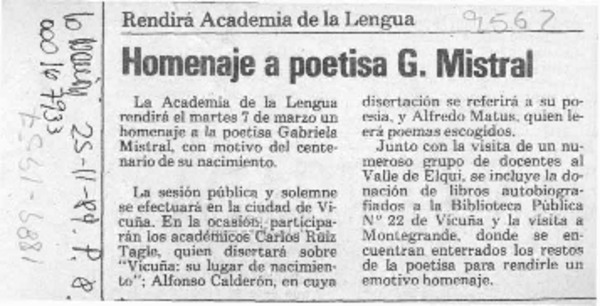 Homenaje a poetisa G. Mistral  [artículo].