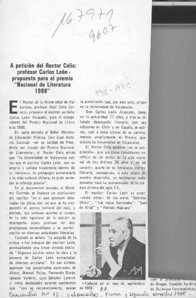 A petición del Rector Celis, profesor Carlos León propuesto para el premio "Nacional de Literatura 1988"  [artículo].