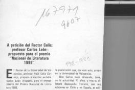 A petición del Rector Celis, profesor Carlos León propuesto para el premio "Nacional de Literatura 1988"  [artículo].