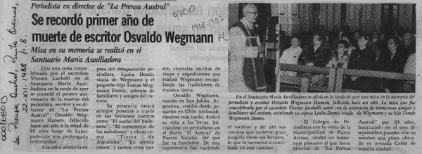 Se recordó primer año de muerte de escritor Osvaldo Wegmann  [artículo].