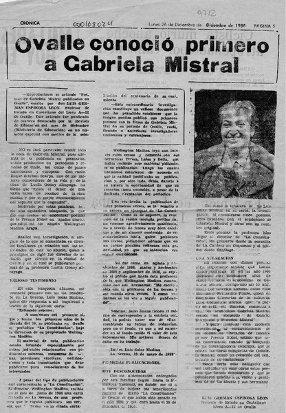Ovalle conoció primero a Gabriela Mistral  [artículo] Luis Germán Espinosa León.