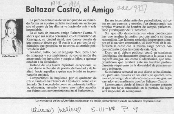Baltazar Castro, el amigo  [artículo] Julio Durán N.