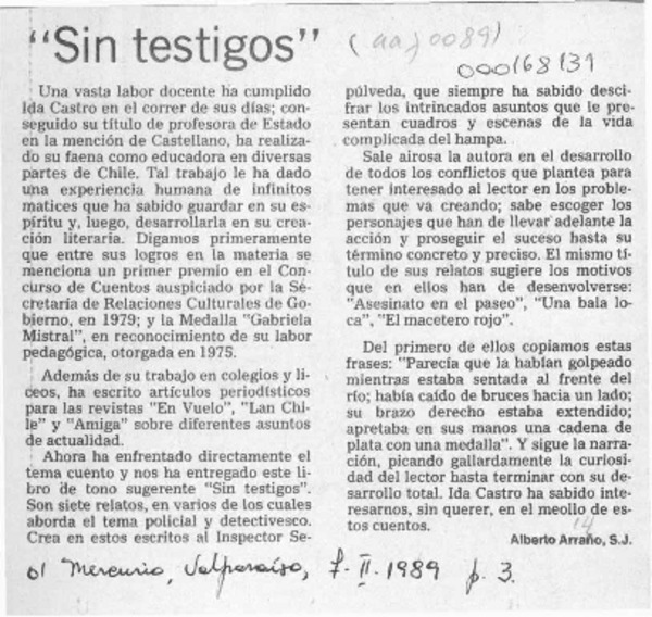 "Sin testigos"  [artículo] Alberto Arraño Acevedo.