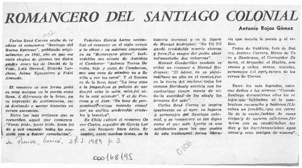 Romancero del Santiago colonial  [artículo] Antonio Rojas Gómez.