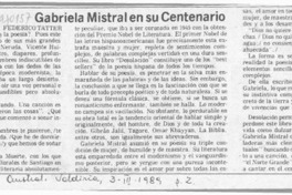Gabriela Mistral en su centenario  [artículo] Federico Tatter.