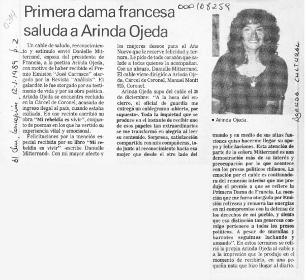 Primera dama francesa saluda a Arinda Ojeda  [artículo].