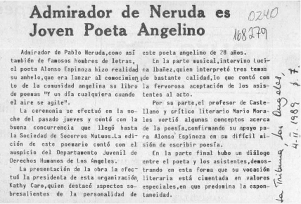 Admirador de Neruda es joven poeta angelino  [artículo].