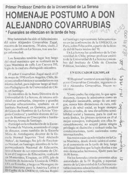 Homenaje póstumo a don Alejandro Covarrubias  [artículo].