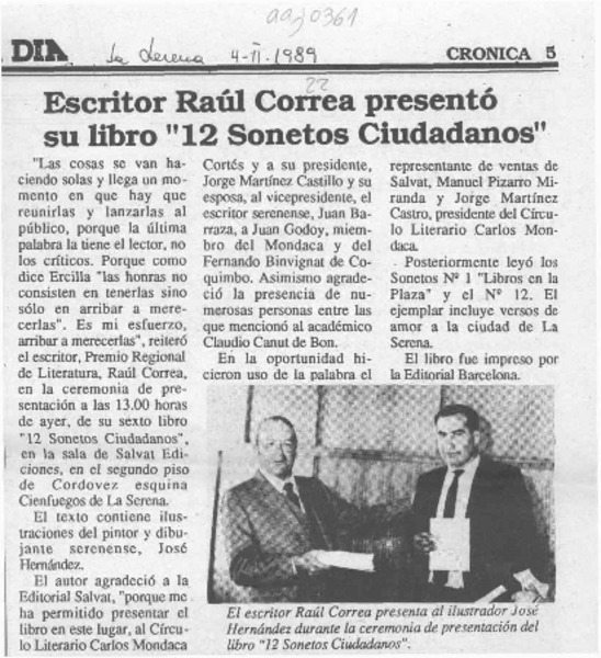 Escritor Raúl Correa presentó su libro "12 sonetos ciudadanos"