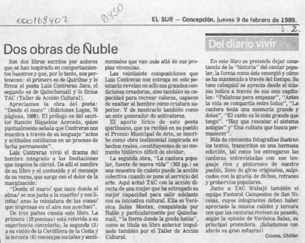 Dos obras de Ñuble  [artículo] Cronos.