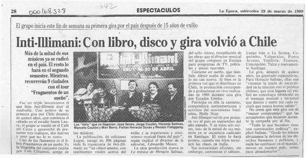 Inti-Illimani, con libro, disco y gira volvió a Chile  [artículo].