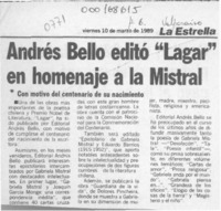 Andrés Bello editó "Lagar" en homenaje a la Mistral  [artículo].