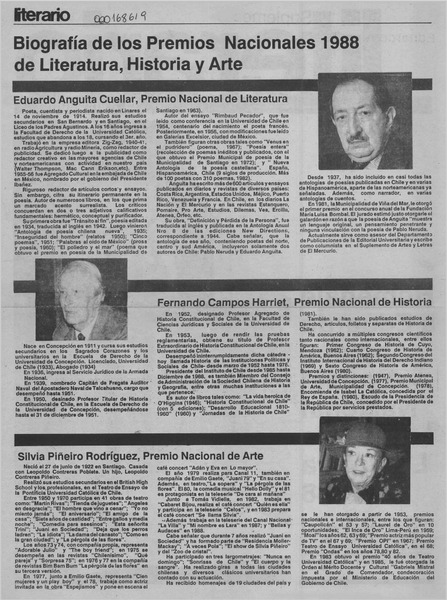 Biografía de los Premios Nacionales 1988 de Literatura, Historia y Arte