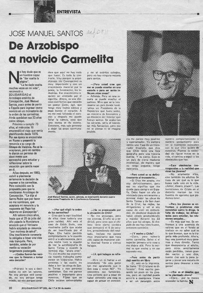 José Manuel Santos, de Arzobispo a novicio carmelita  [artículo].