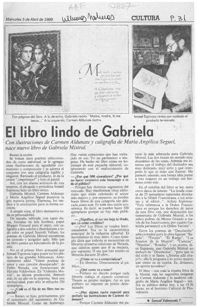 El libro lindo de Gabriela  [artículo] Samuel Valenzuela Y.
