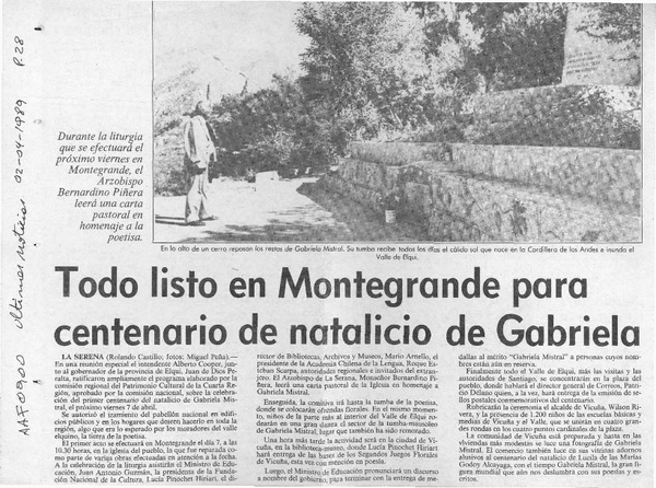 Todo listo en Montegrande para centenario de natalicio de Gabriela  [artículo] Rolando Castillo.
