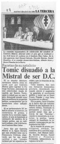 Tomic disuadió a la Mistral de ser D. C.  [artículo].