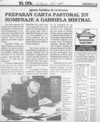 Preparan carta pastoral en homenaje a Gabriela Mistral  [artículo].