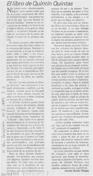 El libro de Quintín Quintas  [artículo] Hernán Muñoz Villlegas.