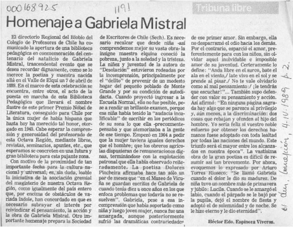Homenaje a Gabriela Mistral  [artículo] Héctor Edo. Espinoza Viveros.