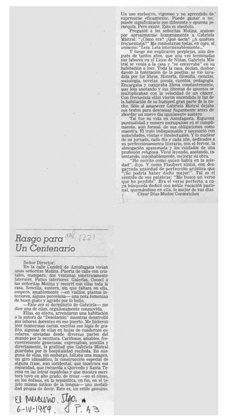Rasgo para un centenario  [artículo] César Díaz-Muñoz Cormatches.