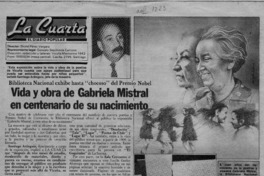 Vida y obra de Gabriela Mistral en centenario de su nacimiento