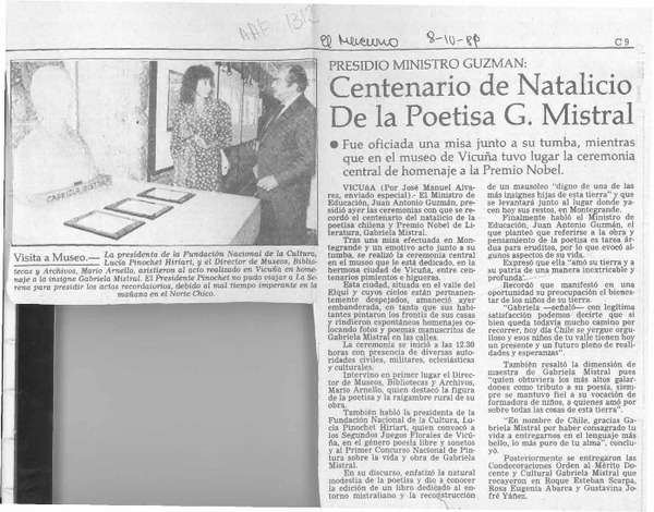Centenario de natalicio de la poetisa G. Mistral  [artículo] José Manuel Alvarez.