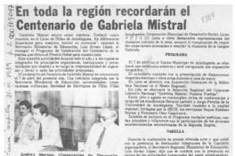 En toda la región recordarán el centenario de Gabriela Mistral  [artículo].