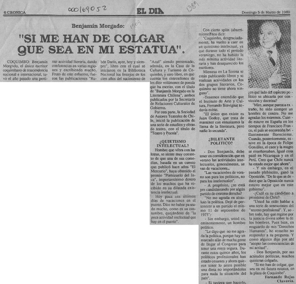 "Si me han de colgar que sea en mi estatua"  [artículo] Fernando Rojas Clavería.