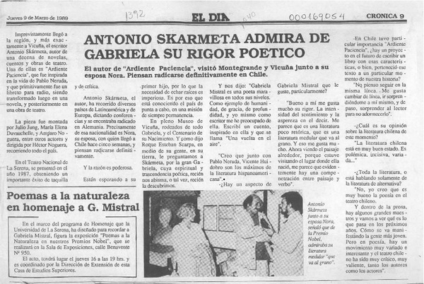 Antonio Skármeta admira de Gabriela su rigor poético  [artículo].