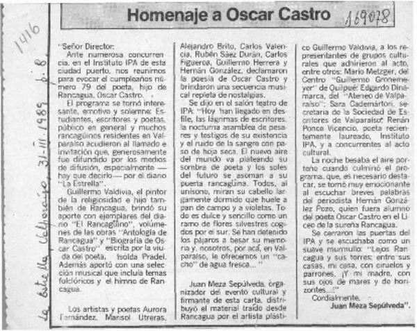 Homenaje a Oscar Castro  [artículo] Juan Meza Sepúlveda.