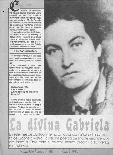 La divina Gabriela  [artículo] Francisco Manríquez Belmar.
