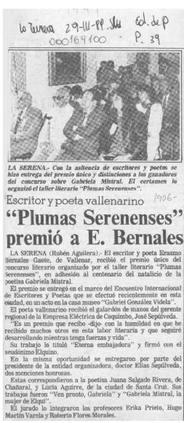 "Plumas Serenenses" premió a E. Bernales  [artículo] Rubén Aguilera.