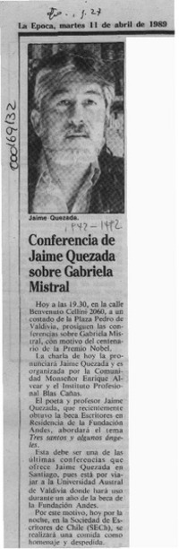 Conferencia de Jaime Quezada sobre Gabriela Mistral  [artículo].