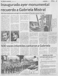 Inaugurado ayer monumental recuerdo de Gabriela Mistral