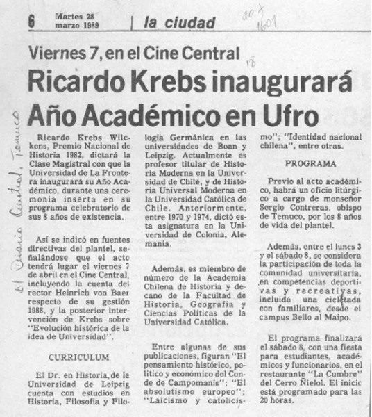 Ricardo Krebs inaugurará año académico en Ufro